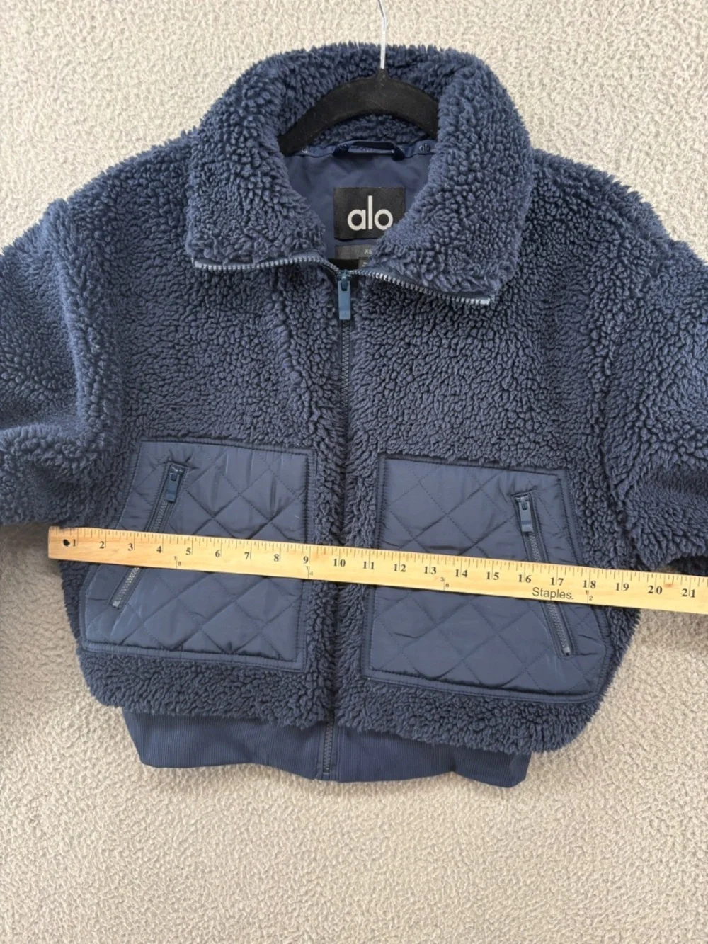 Alo Yoga Sherpa Edge Bomber Jacket Navy Cropped Teddy Fleece XS